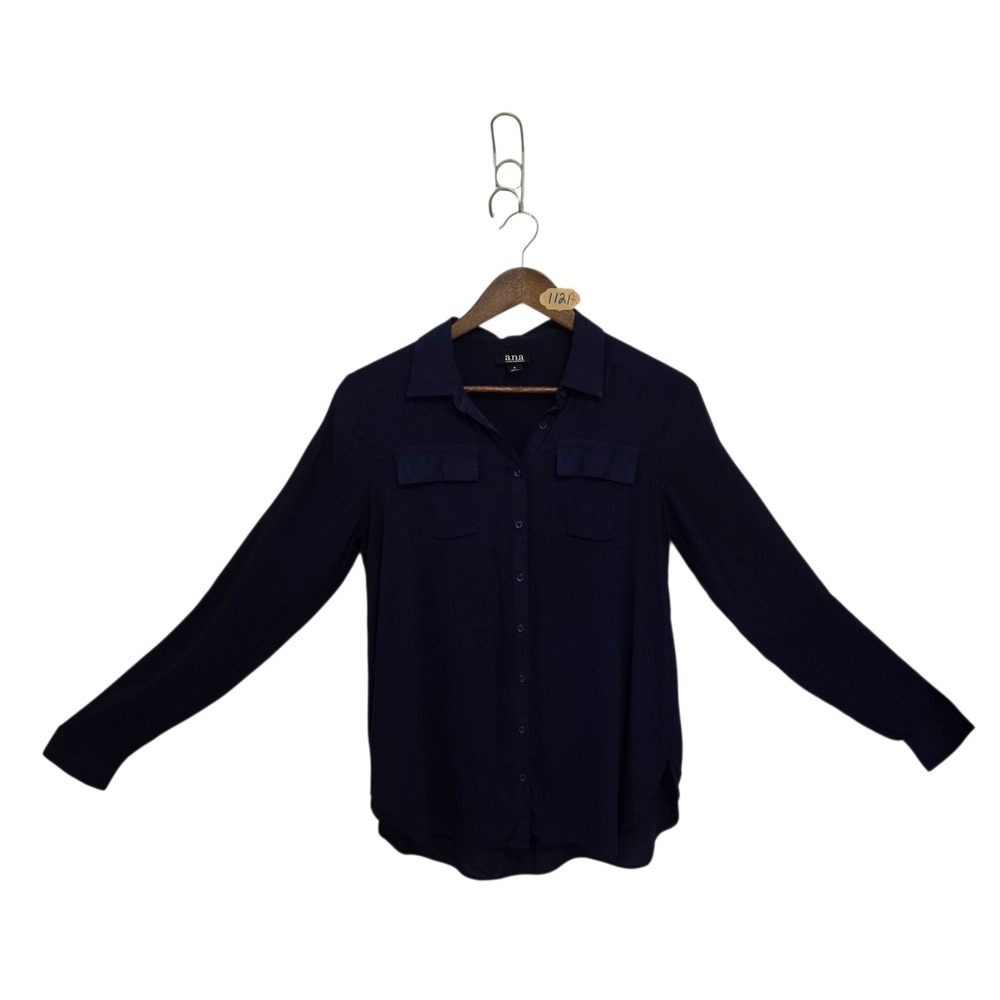 a.n.a A New Approach Navy Blue Rayon Button Down‎ Long Sleeve Shirt Womens Small